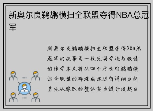 新奥尔良鹈鹕横扫全联盟夺得NBA总冠军