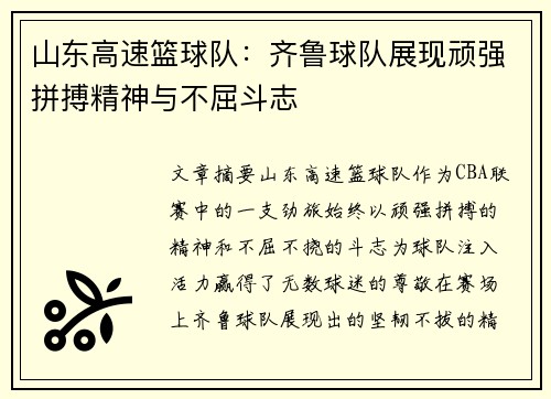 山东高速篮球队：齐鲁球队展现顽强拼搏精神与不屈斗志