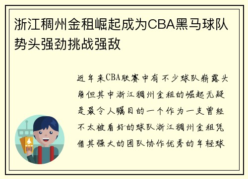浙江稠州金租崛起成为CBA黑马球队 势头强劲挑战强敌