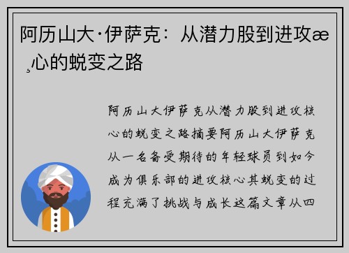 阿历山大·伊萨克：从潜力股到进攻核心的蜕变之路